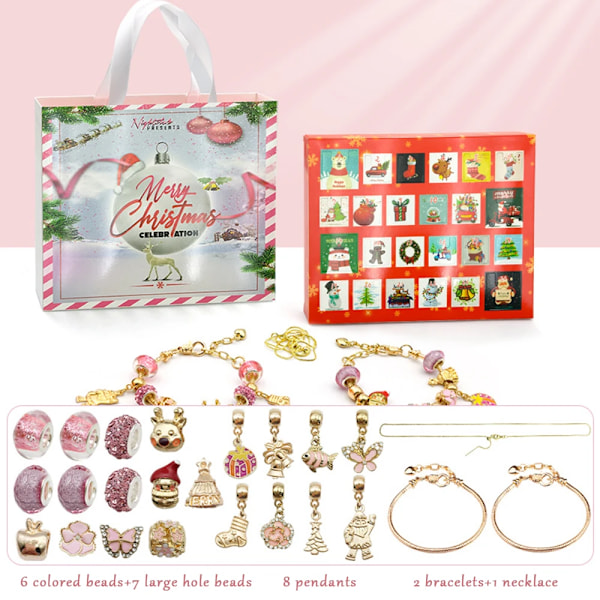 Rosa/Guld Jul 24 Nedräkningskalender Blind Box Handgjord Jul Adventskalender DIY Kit Jul Smycken Present Xmas Gift 1