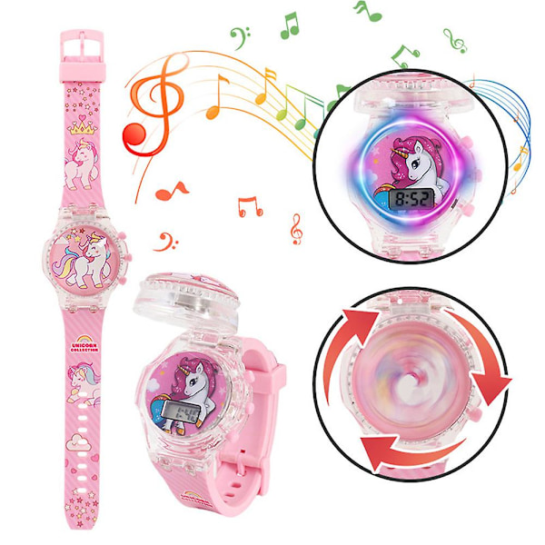 Barnens tecknade klocka med blinkande ljus, lysande digitala musikur, snurrande topp, vändbart lock, armbandsklocka, leksak Unicorn
