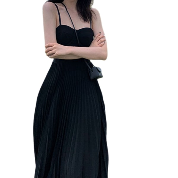 Bohemisk blommig, volangkantsling för kvinnor, ärmlös Hanji-botten med snörning Plisserad lång klänning (svart L)