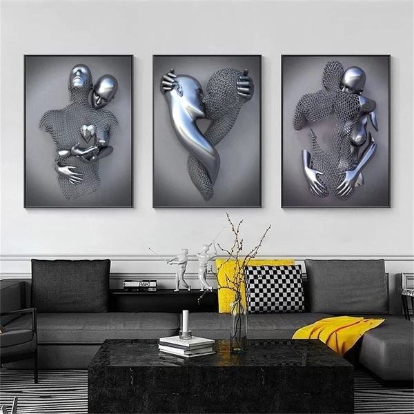 Sæt med 3 moderne kunstplakater, 3D metalfigur statuekunst kærlighedshjerte kys