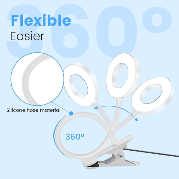Cisea Klemmeskrivebordslampe 48 LED-lys Clip-on Leselampe Justerbar Lysstyrke Nattbordsklemmelampe USB LED Skrivebordslampe for Studier og Arbeid, Hvit
