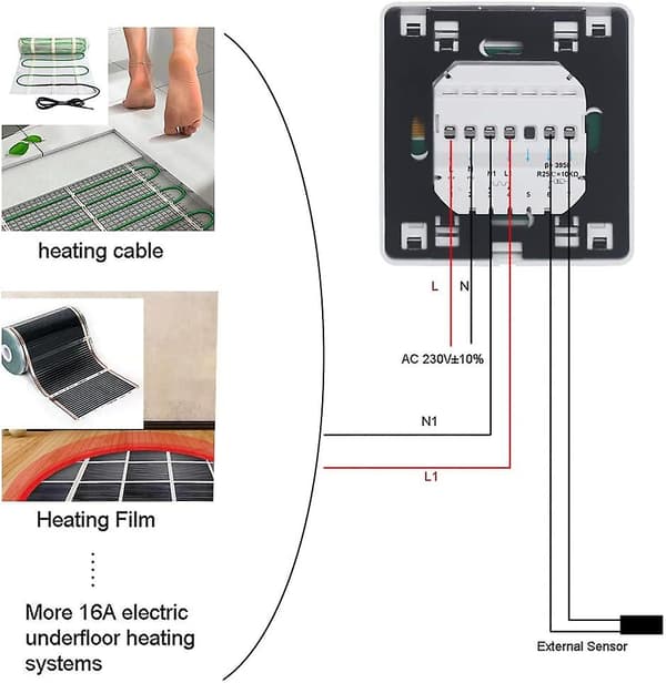 2024 16A Programmerbar Elektrisk Golvvärmetermostat Med Sensor, Digital Rumstermostat Golvvärmeregulator LCD Touch Screen