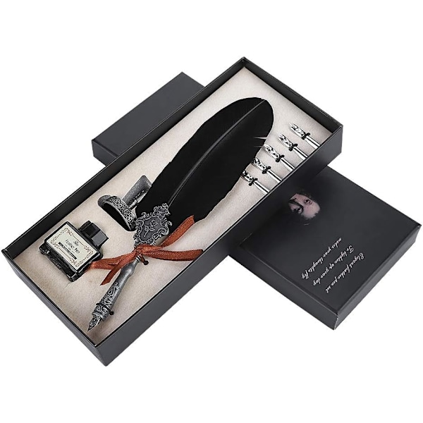 Harry Potter Gave Feather Pen Retro Pen Alloy Feather Writing med Nibs Sæt Fountain Pen med Blækflaske Sort (Sort)