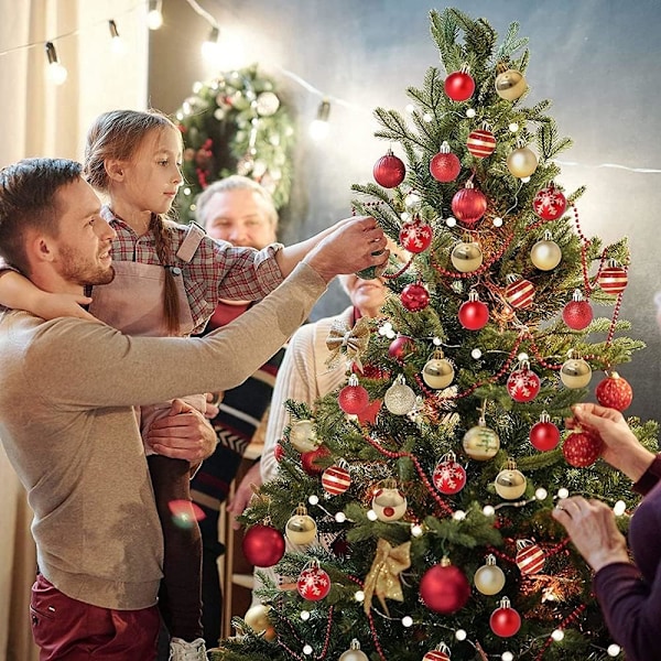 Juletræskugler, 50 stk juletræspynt juletræskugler med røde og gyldne juletræskugler, juletræskuglepynt med snor