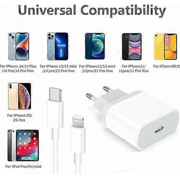 iPhone Hurtiglader USB-C - 20W PD Hurtiglader med 2m USB-C til Lightning-kabel, Kompatibel med iPhone 14 [fw]