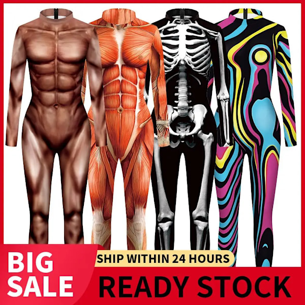 Zawaland Halloween-fest tryckt spandex elastisk zentai skelett Body Jumpsuit Cosplay Costume Catsuit B142-150 B142-150 XL