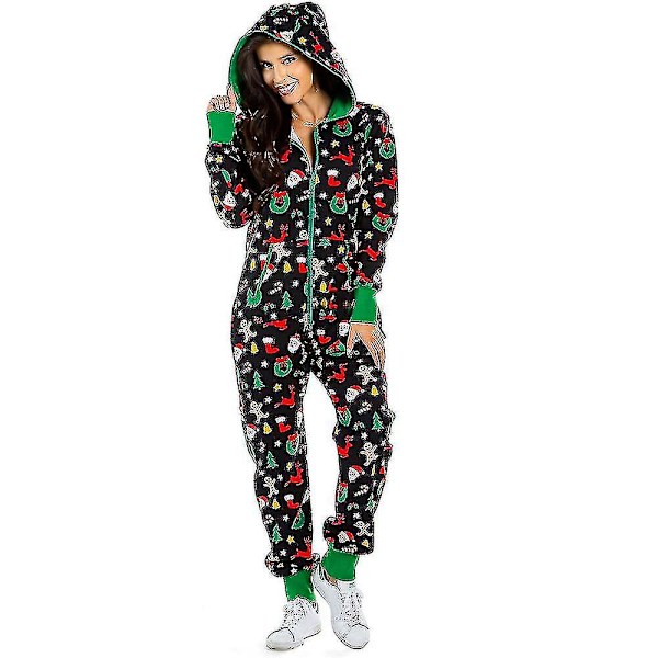 Dam Jul Onesie En-delad Dragkedja Jumpsuit Hoodie Playsuit Pyjamas Jul Nattkläder Loungewear Grön Green S