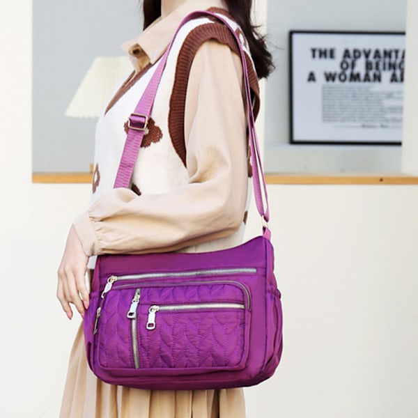 Nylon axelväska för kvinnor - Multi-Pocket Zipper Vattentät Resväska Casual Liten Lätt Messenger Bag Dark Purple