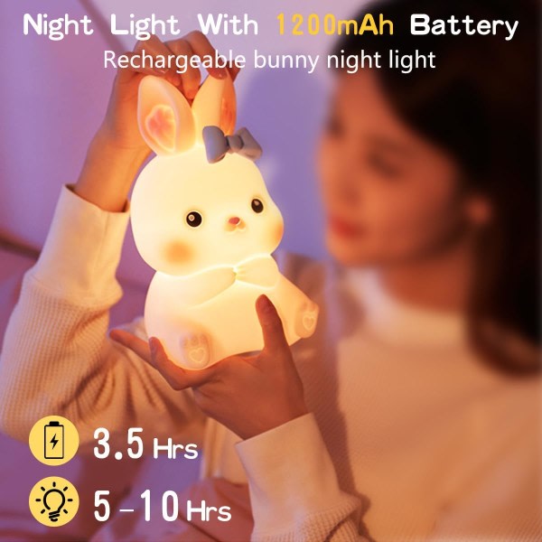 Barnens nattlampa, söt mjuk kanin-silikonlampa med fjärrkontroll Cont