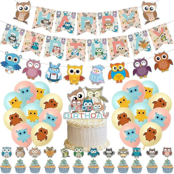 Ugglatema Barn Födelsedagsfest Dekoration Banner Ballong Cupcake Cake Toppers Set