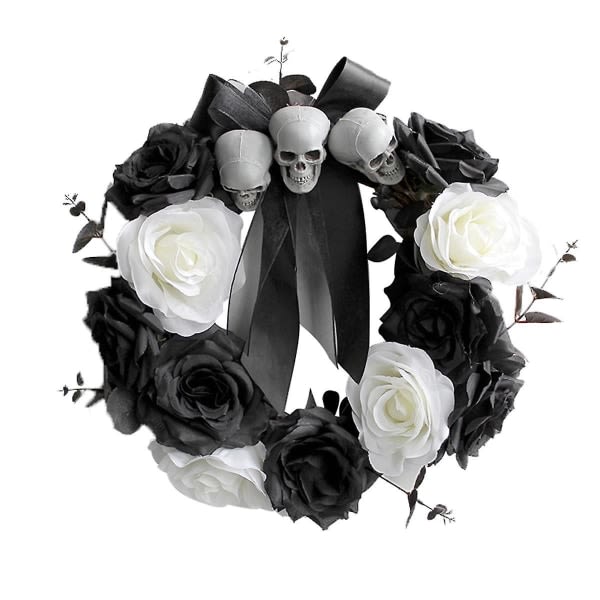Skull Door Hängande krans svart dekor Halloween krans blommiga kransar för ytterdörr Halloween Skull Rose Wreath
