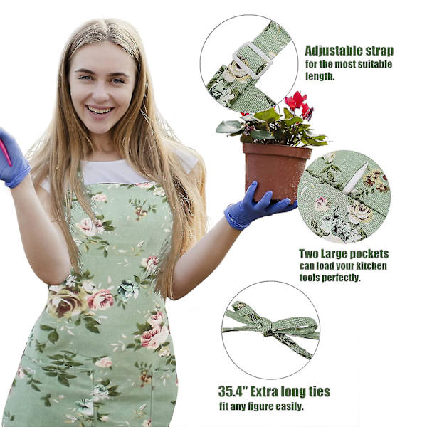 Köksförkläde för kvinnor, 2-pack blommigt förkläde med 2 stora fickor--