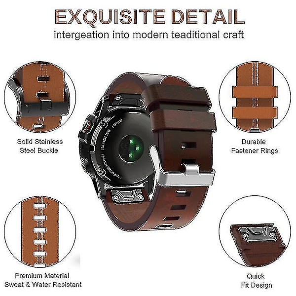Til Garmin Fenix 7x Solar 26mm Læder Stålspænde Urrem Yj52-2(Brun)【GKS】