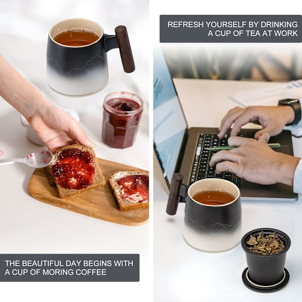 Keramisk Tekop med Infuser og Låg Te Kande Træhåndtag til Brygning af Løse Blade