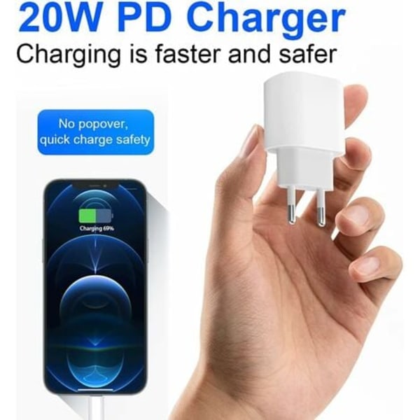 USB C -pikalaturi - PD-sertifioitu 20 W:n pikalaturi Lightning-kaapelilla, Type C -laturisovitin iPhone 14/14 Plus/14 Pro/14 Pro Max/13/iPad Pro -laitteille