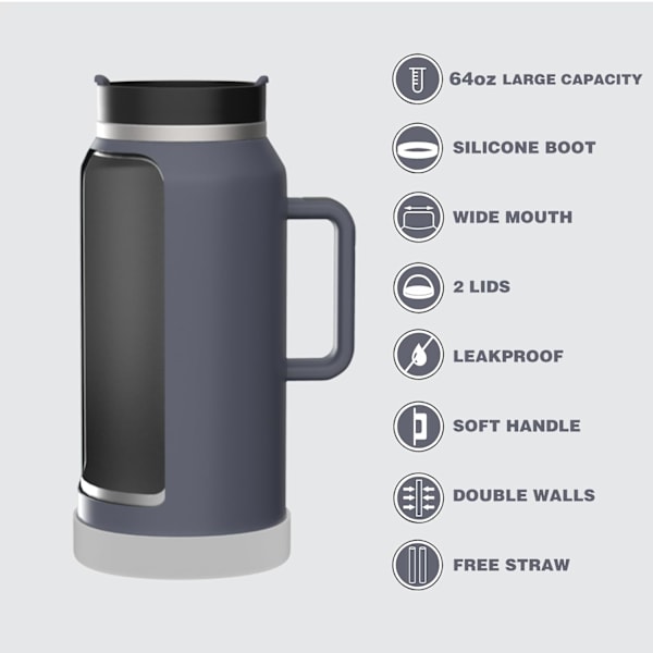 Vannflaske 64oz Tumbler med Håndtak og Sugerør Halv Gallon Isolerende Rustfritt 2
