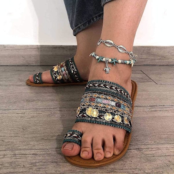 Boho flerlags ankelkæder turkis sølv skildpaddeformet vedhæng