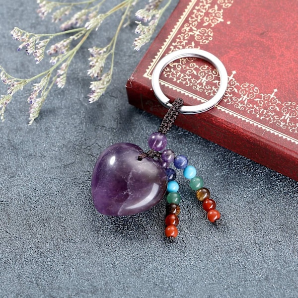 Naturlig Ametyst Hjerte Krystall Nøkkelring 7 Chakra Healing Edelsten Nøkkelring Anheng for Kvinner