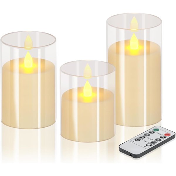 Flamlösa stearinljus 4\" 5\" 6\" Set om 3 Akrylglas Pelare 3\" Diameter Batteridrivna Flimrande Ljus White
