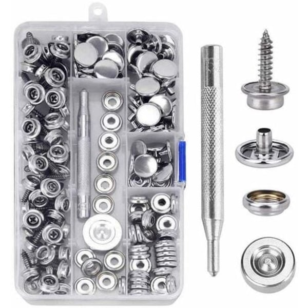 Nepparit, 150 kpl Ruostumattomasta teräksestä valmistetut ruuvinepparit 15 mm metalliset nepparit, setti sisältää 2 kiinnitystyökalua