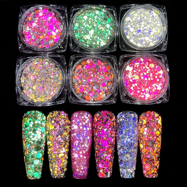 Glød i Mørket Glitter, 6 Farger Lysende Iridescent Chunky Glitter, Kosmetisk Håndverks Glittersett for Epoxy Resin, Kropp, Ansikt, Negler