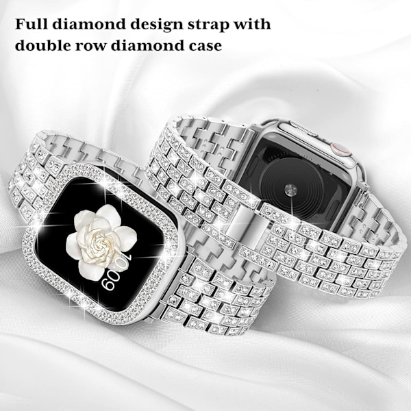 Yhteensopiva Apple Watch -ranneke kotelolla Series iwatch6/5/4/3/2/1, Bling Täysi Timantti Strassi Naiset Tytöt, Hopea (40mm)