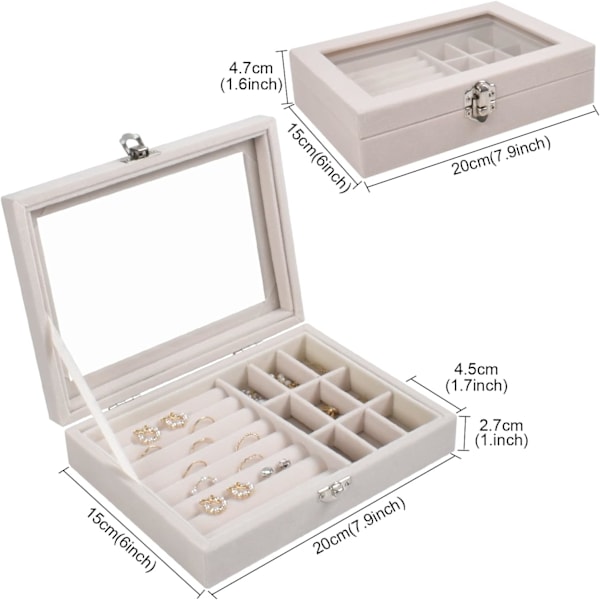 Smykkeskrin med glaslåg, smykkeskrin med 9 rum, rejse-velour halskæde, øreringe, ring smykkeskrin, gennemsigtig smykkeopbevaringsboks, beige
