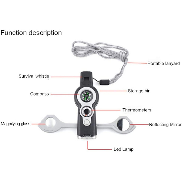 Multifunktionell 7-i-1 Utomhusvisselpipa med LED-lampa, Termometer och Kompass
