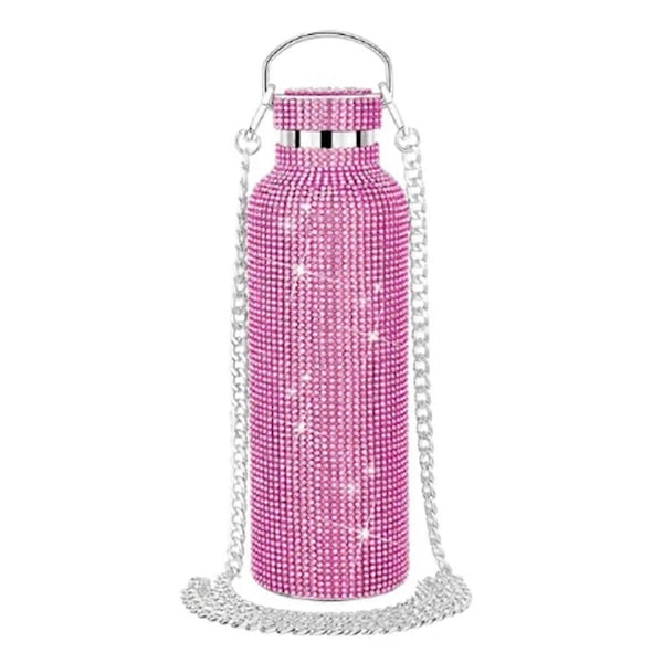 Diamond Vannflaske i Rustfritt Stål, Bærbar Glitter Rhinestone Vannflaske, Skulderveske, Bling Termos 600ml C Pink