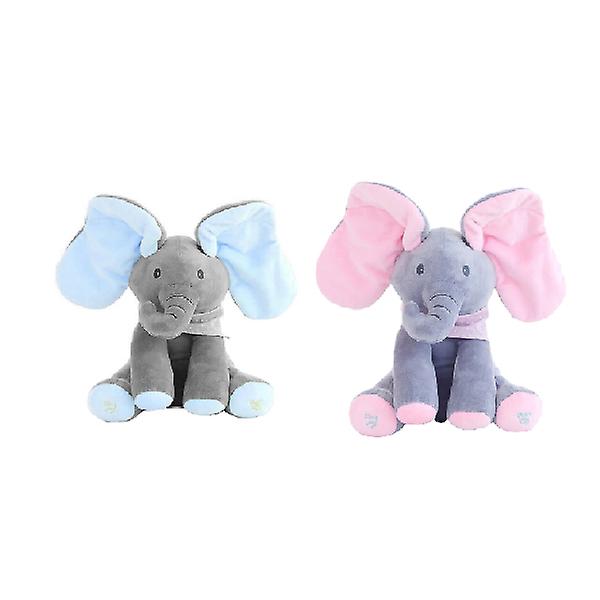 HHL Animal Toy 30cm Interactive Sing Play Plyschleksak Elektrisk Peek-a-boo Elefant klappar öron och täcker ögon Dumbo （grå puder）