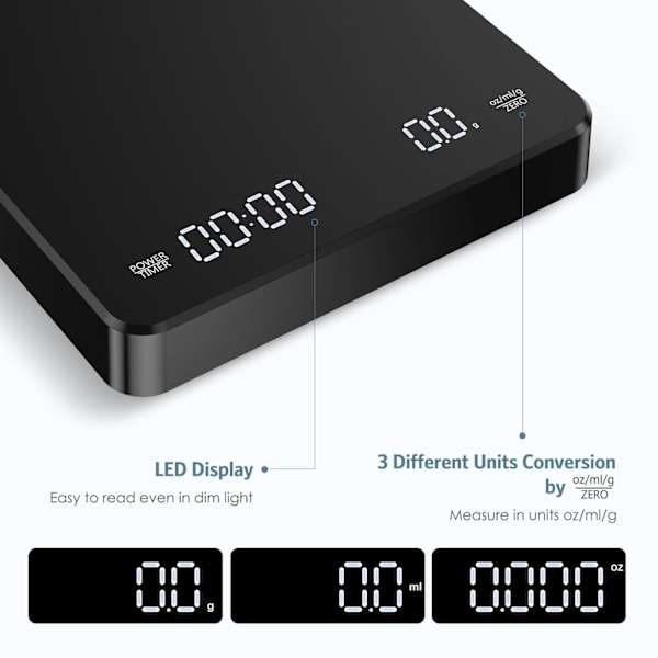 Digital kaffevåg med timer, droppkaffevåg 3kg/0.1g hög precision, uppladdningsbar portabel kaffevåg