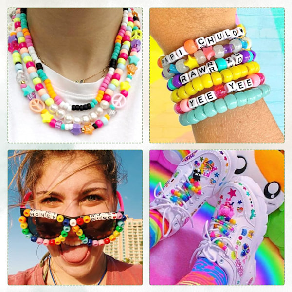 4700 stk, 72 farger Pony Perler Regnbue Kandi Perler for Armbåndsett, 3600 stk 9 mm plastperler og 1000 stk bokstavperler, Alpha Svart Svart Black 72 colors