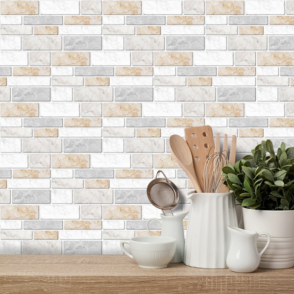 Imitation Marble Tile Brick Stickers Home Kitchen Wall Decoration, 12 PACK