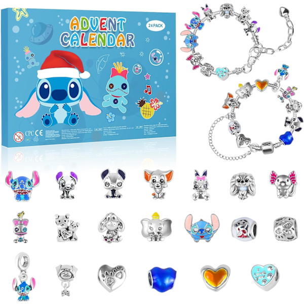 Adventskalender 2024 för Flickor, 24 Dagar Julkalender med 2 Armband och 22 Unika Cartoon Charm-Pärlor, Julgåvor för Barn och Tonåringar