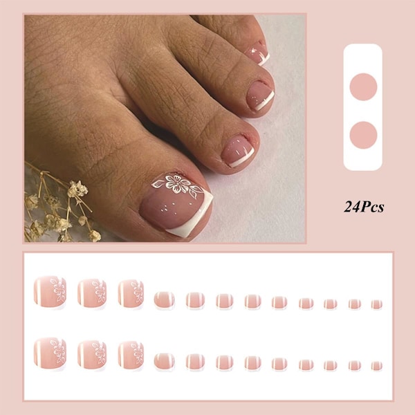 Fyrkantiga lösnaglar för tår, 24 st vita franska lösnaglar med blomma, nude rosa tryck på tånagel, täckande akrylnageltippar med nagellim Butterfly