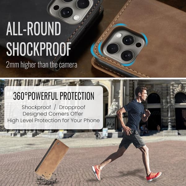 iPhone 14 7G skyddsfodral, PU-läder flip plånboksfodral med kortfack. brown