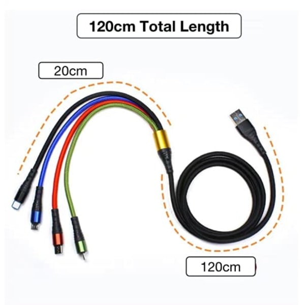 4-i-1 USB Hurtigopladningskabel [120 cm Længde] Multifunktionskabel til Type-C Micro Android-telefoner