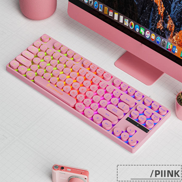 2024 K87 87 Keys LED Luminous Keyboard Gaming Mechanical Touch pink Round key cap