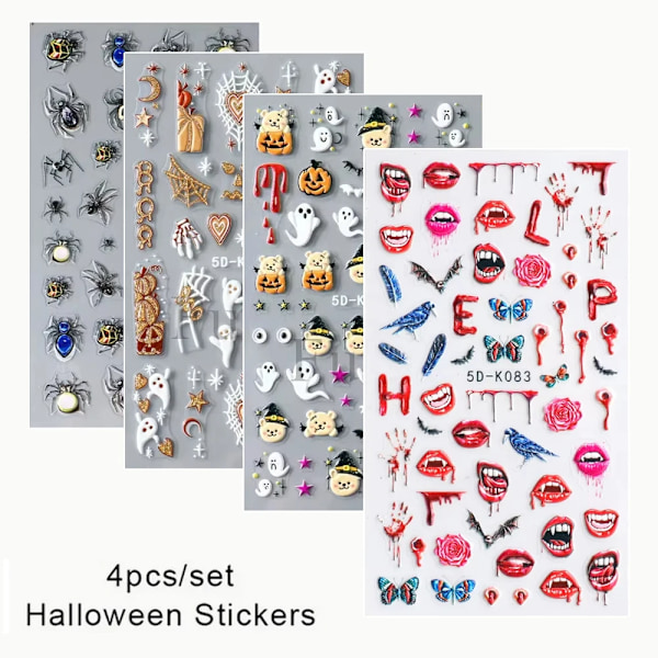 5D Halloween Veren Silmät Luut Kynsi Taide Kauhu Silmät Roska Relief Kolmiulotteinen Kynsi Tarrat Naisille & Tytölle Na Tarrat 4pcs set4