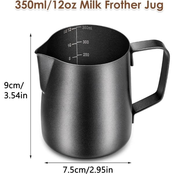 Mjölkskumningskanna i metall, 350 ml/12 oz 304 mjölkkanna i rostfritt stål Metallbaristatillbehör för cappuccino latte och espresso, tål diskmaskin