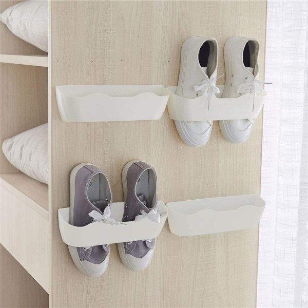 Väggmonterat skoställ 4st med klibbiga hängremsor, organizer för plastskohållare, dörrskohängare (vit-SM02(4st))