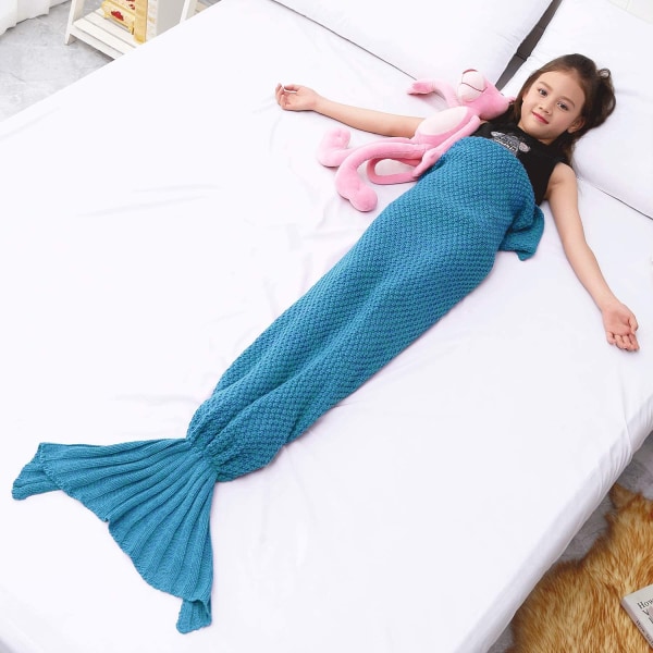 HHL Mermaid Tail Blanket Virkad Sjöjungfrufilt för barn, mjuka sovfiltar för alla årstider, klassiskt mönster (56"x28", sjöblå)