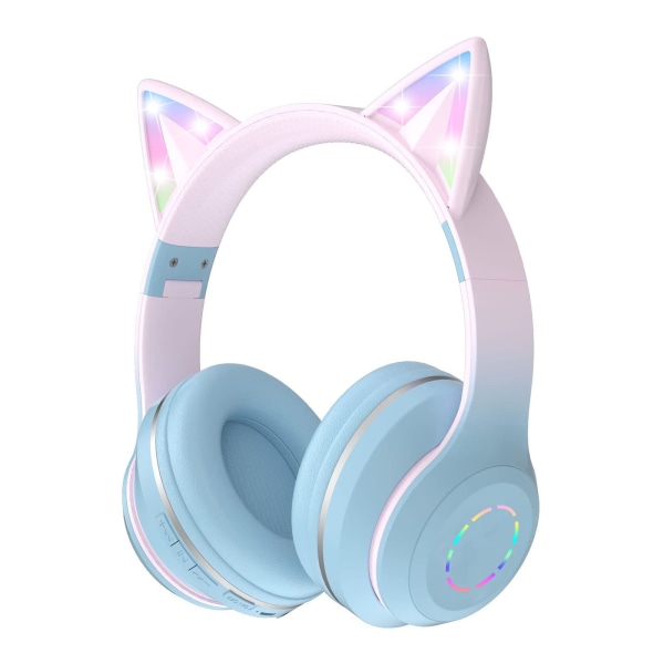 Cat Ears hopfällbara flickhörlurar över örat med LED-ljus (blått)
