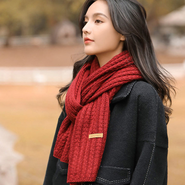 (Rouge) Écharpe chaude en laine tricotée de couleur unie 20x160cm
