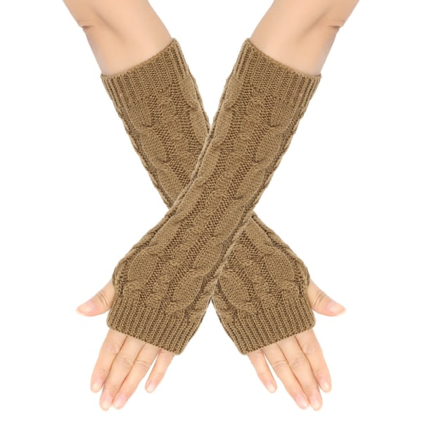 （Khaki） Stickade fingerlösa handskar, halvfingervarm vintervante med tumhål för män och kvinnor T