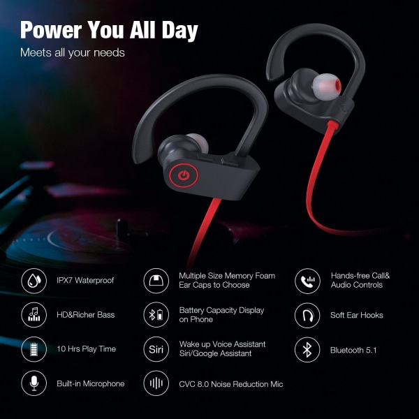 Bluetooth-hörlurar, sport-hörlurar HD Bass+ ljud trådlösa