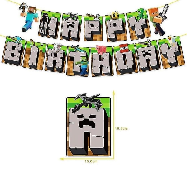Minecraft-tema Grattis på födelsedagen Set Inredningstillbehör Banner Pull Flag Cake Toppers Kit