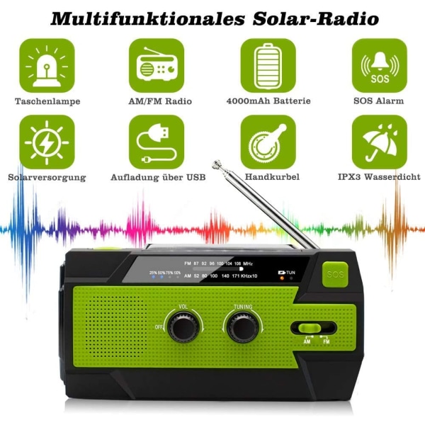 Solcelledrevet radio, bærbar sveiveradio Dynamo-radio med AM/FM, B
