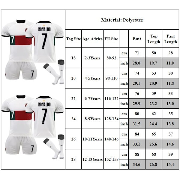 2223 Portugal Borta Vit Tröja Nr 7 Cristiano Ronaldo Fotbollströja Barn Set Barn Ungdom Sportkläder Outfit Träningsdräkt Fotbollströja 22