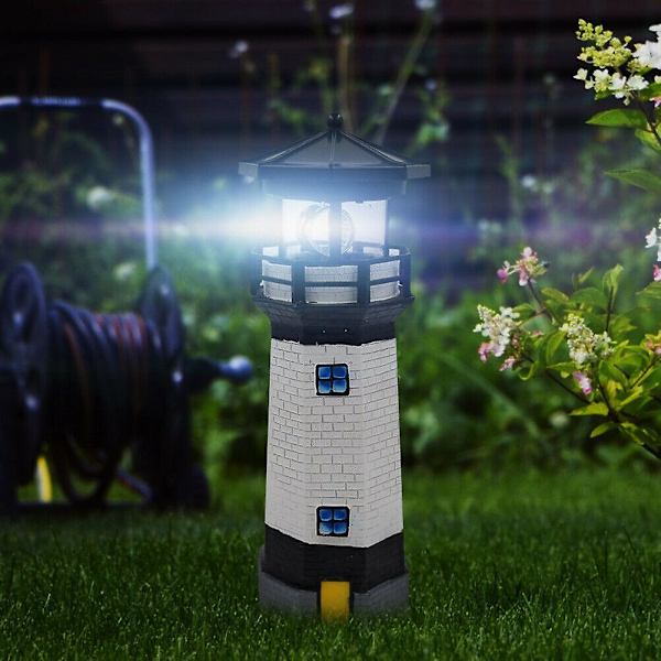 LED Solcellsdriven Fyrtornssensor Beacon Roterande Lampa Staty Trädgård Utomhusbelysning Black